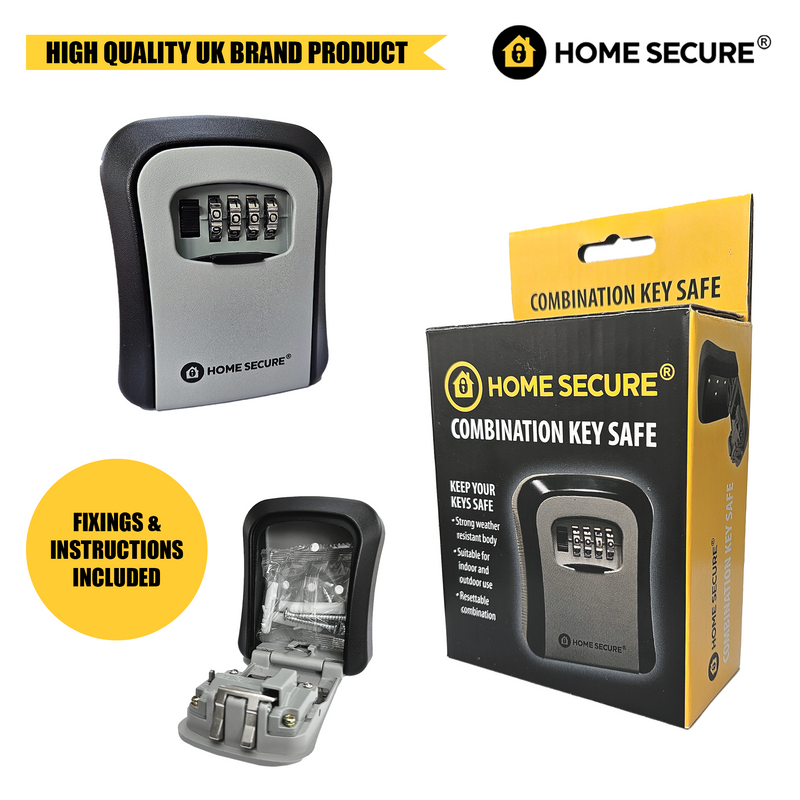 Home Secure® outdoor key safe product display. Image shows the closed key safe, the open interior view, and the retail packaging box labeled 'Combination Key Safe'. A yellow circle notes 'Fixings & Instructions Included
