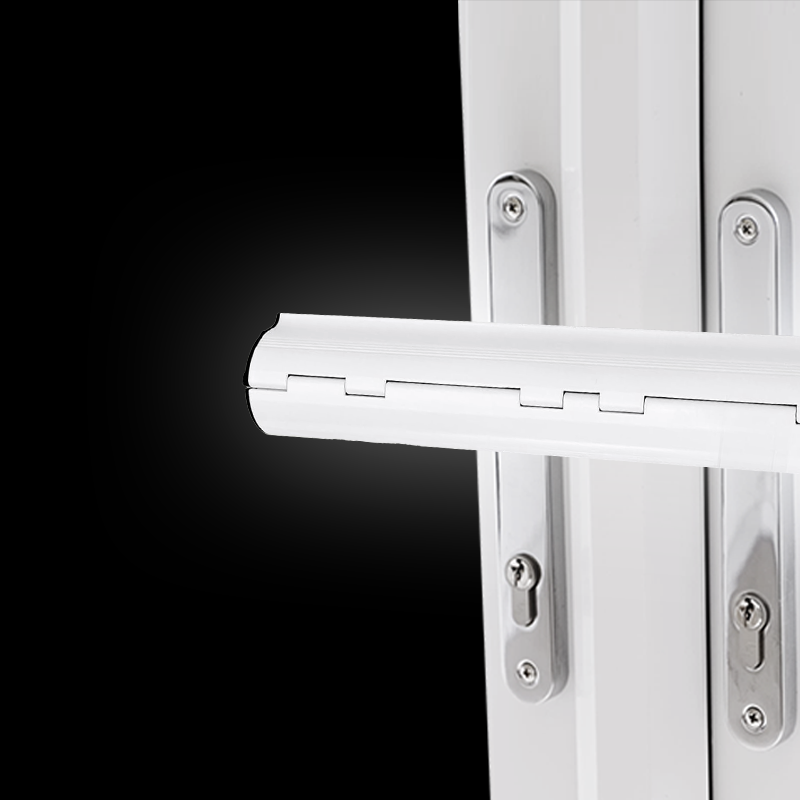 Close-up of a white double door with a central locking security bar across the handles and keyholes.