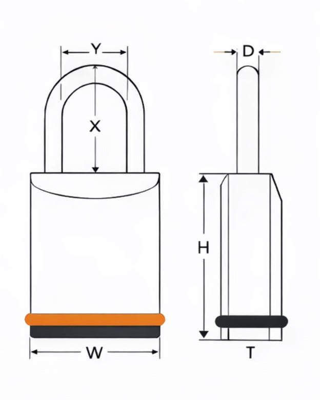 Technical drawing of a padlock with labeled dimensions on a white background