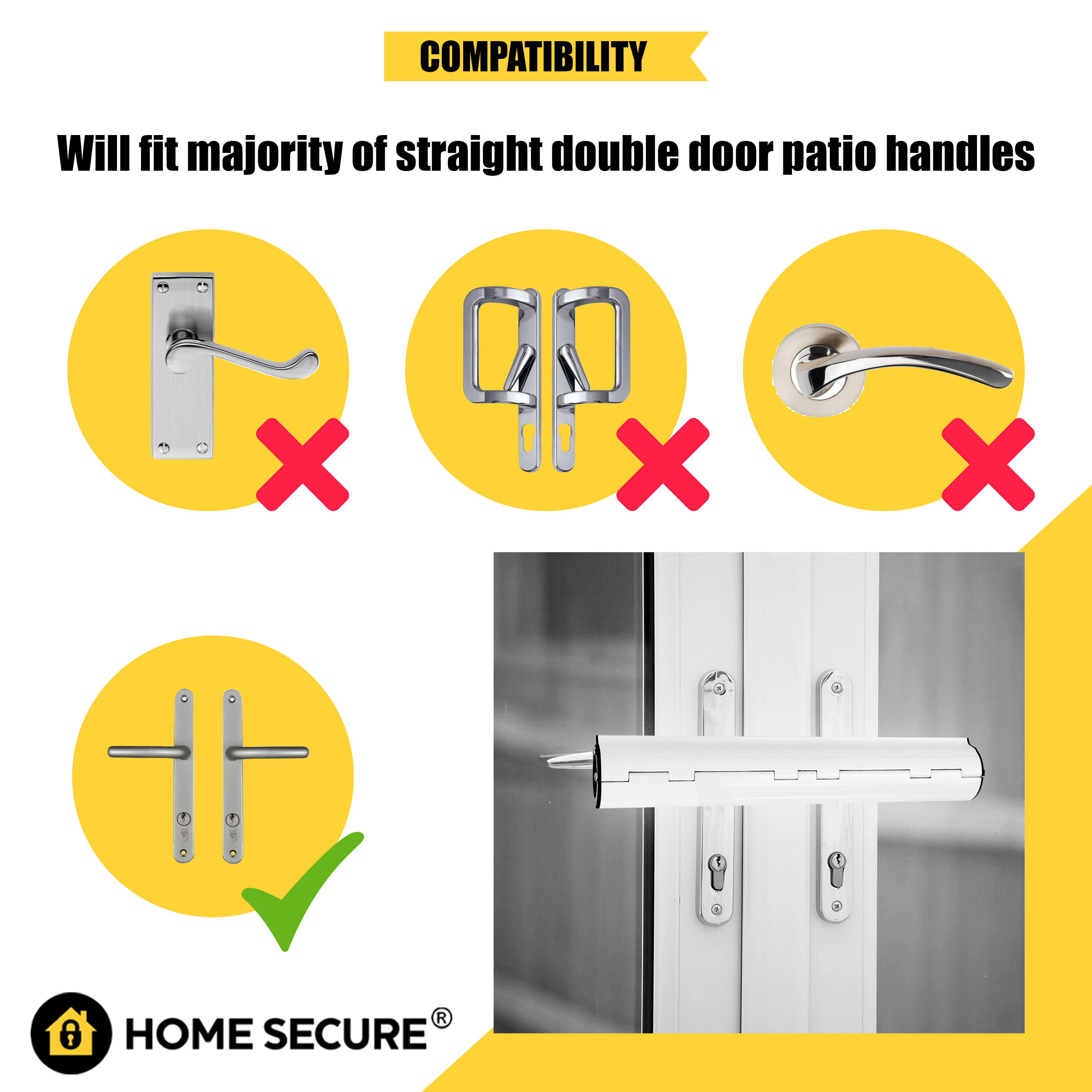 Compatibility guide for Home Secure door lock. Text reads: 'Will fit majority of straight double door patio handles.