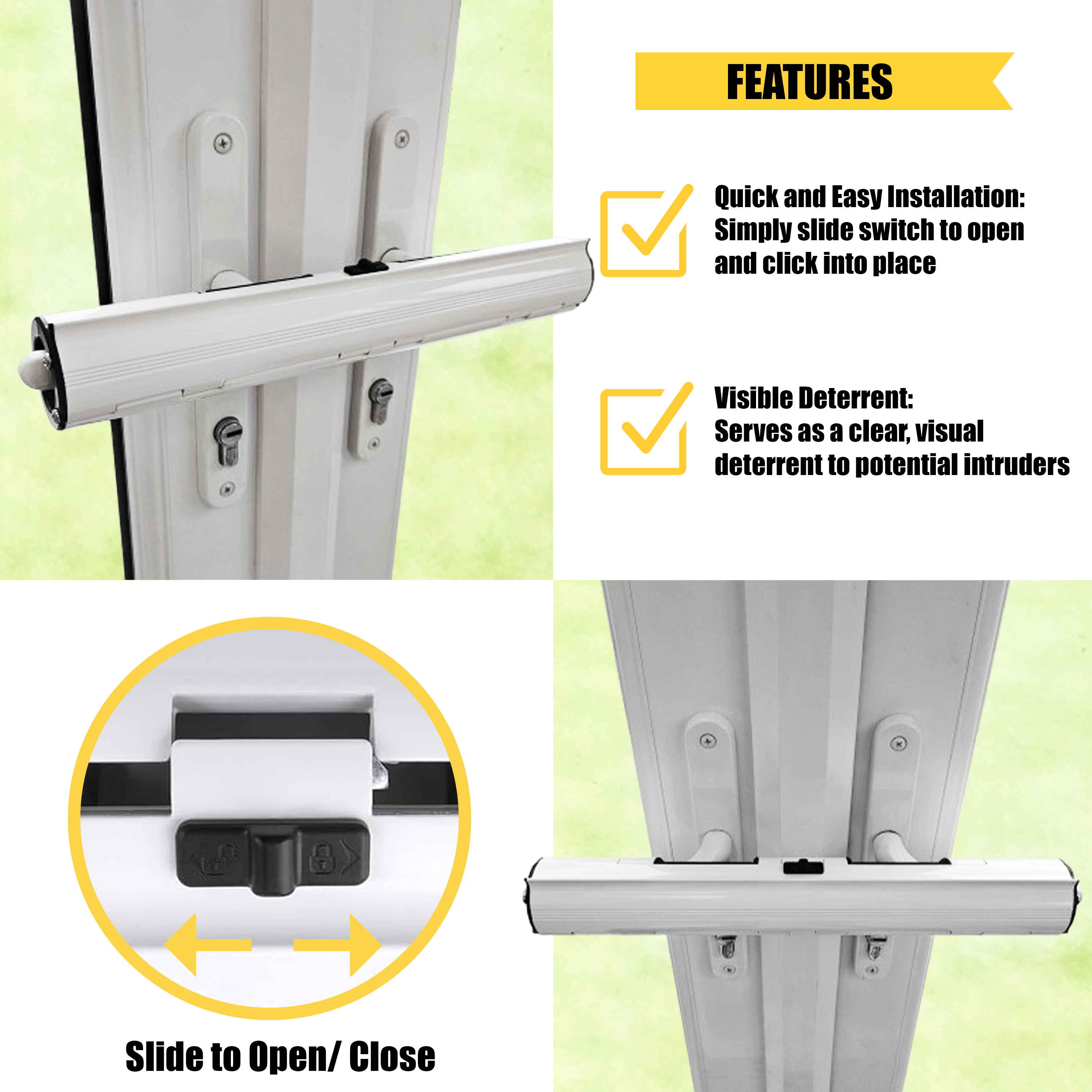 Product image showing a sliding door lock installed on a door. The lock has a sleek, horizontal design