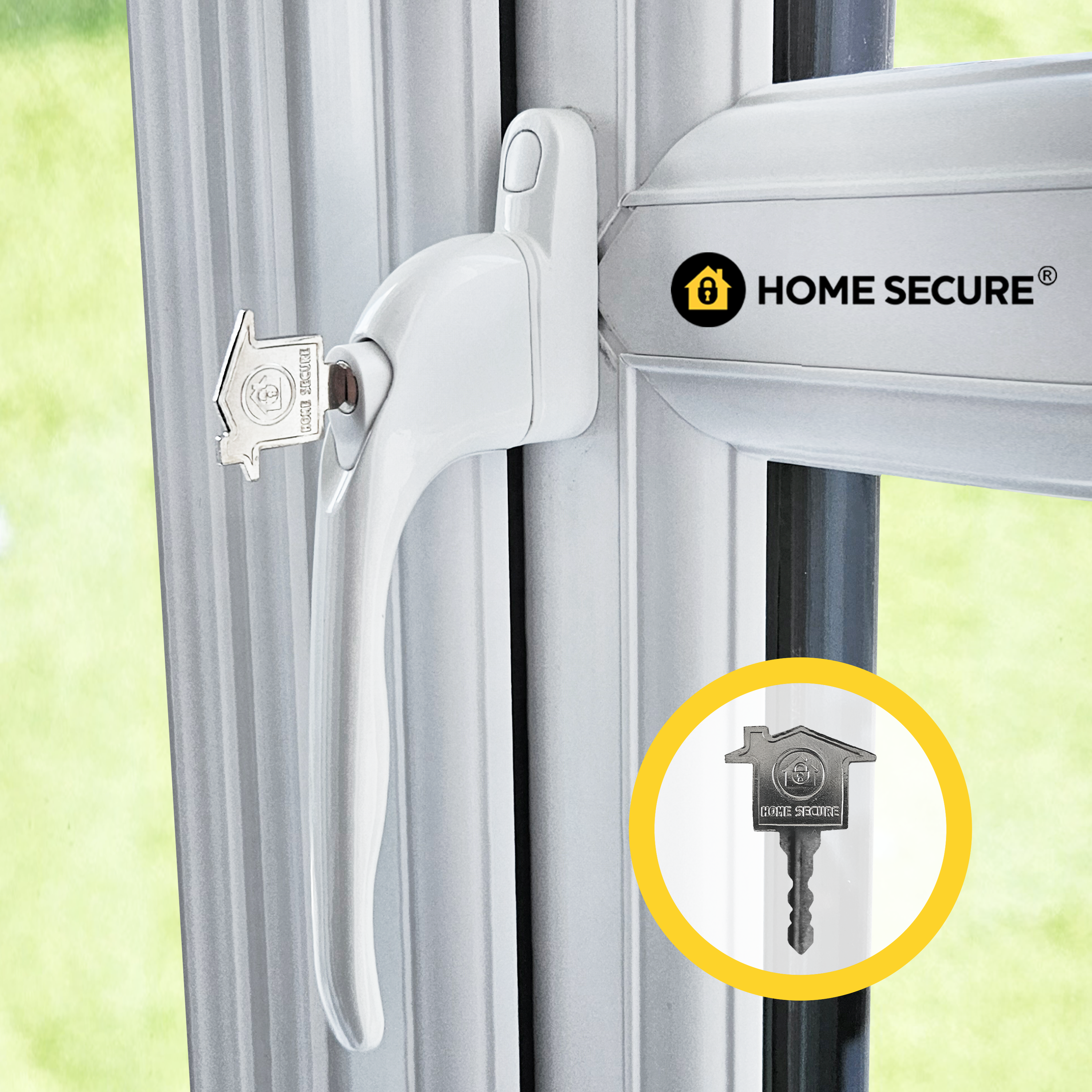 White replacement uPVC window handle with a key inserted in the lock, attached to a white window frame. The key features the Home Secure logo. The background shows greenery outside the window