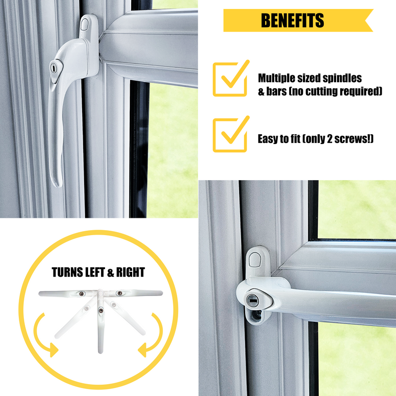 Replacement upvc Window handle installed on a uPVC frame shown in both vertical and horizontal positions