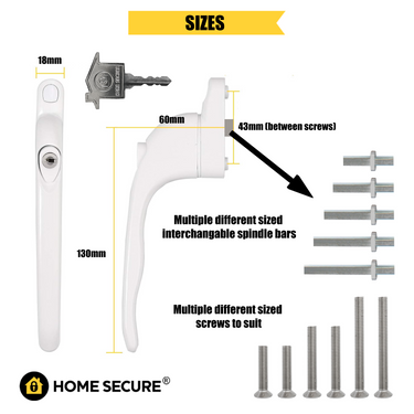 White replacement uPVC window handle shown from side and front views with measurements: 130mm length, 18mm width, and 43mm screw spacing. Includes key, five different sized interchangeable spindle bars, and multiple different sized screws for fitting. 'SIZES' heading at top with Home Secure branding at the bottom