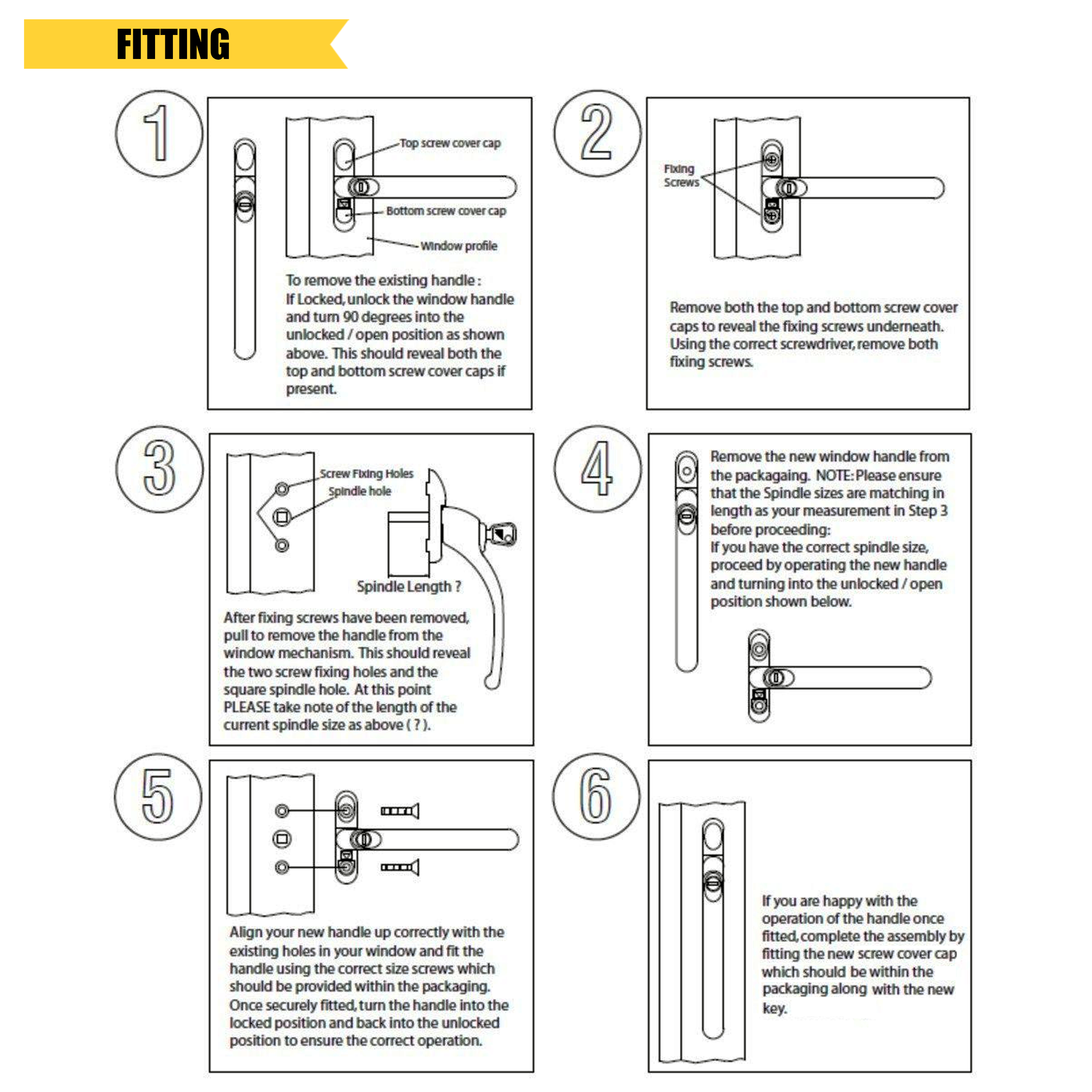 Illustrated fitting instructions for a Universal replacement uPVC Window Handle
