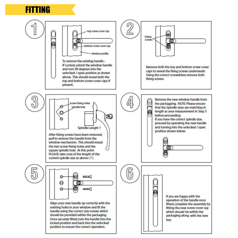 Illustrated fitting instructions for a Universal replacement uPVC Window Handle