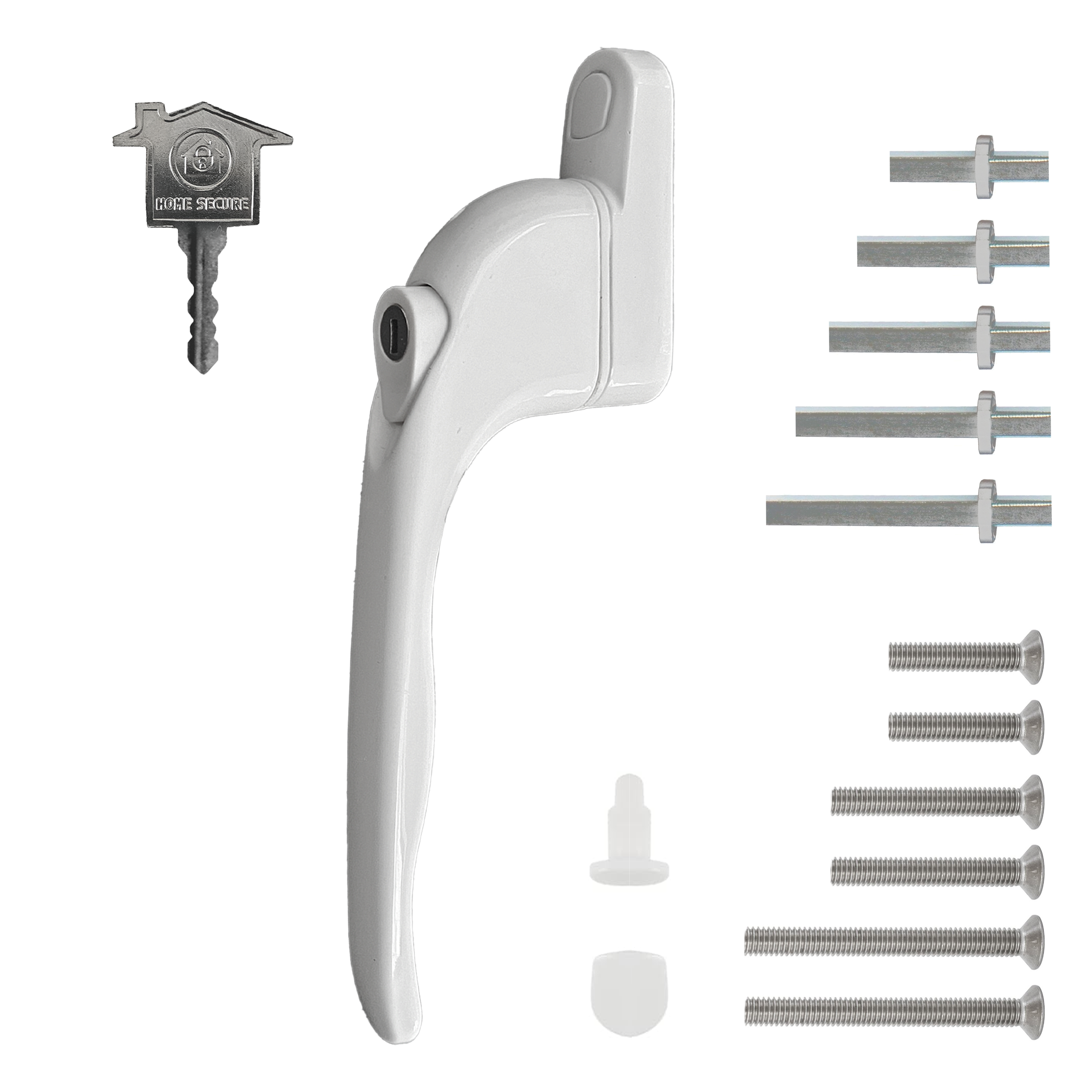 Home Secure Universal Replacement uPVC Window Handle Multi-Spindle in white color, including the handle and installation screws, against a white background.