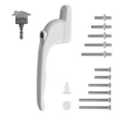 Home Secure Universal Replacement uPVC Window Handle Multi-Spindle in white color, including the handle and installation screws, against a white background.