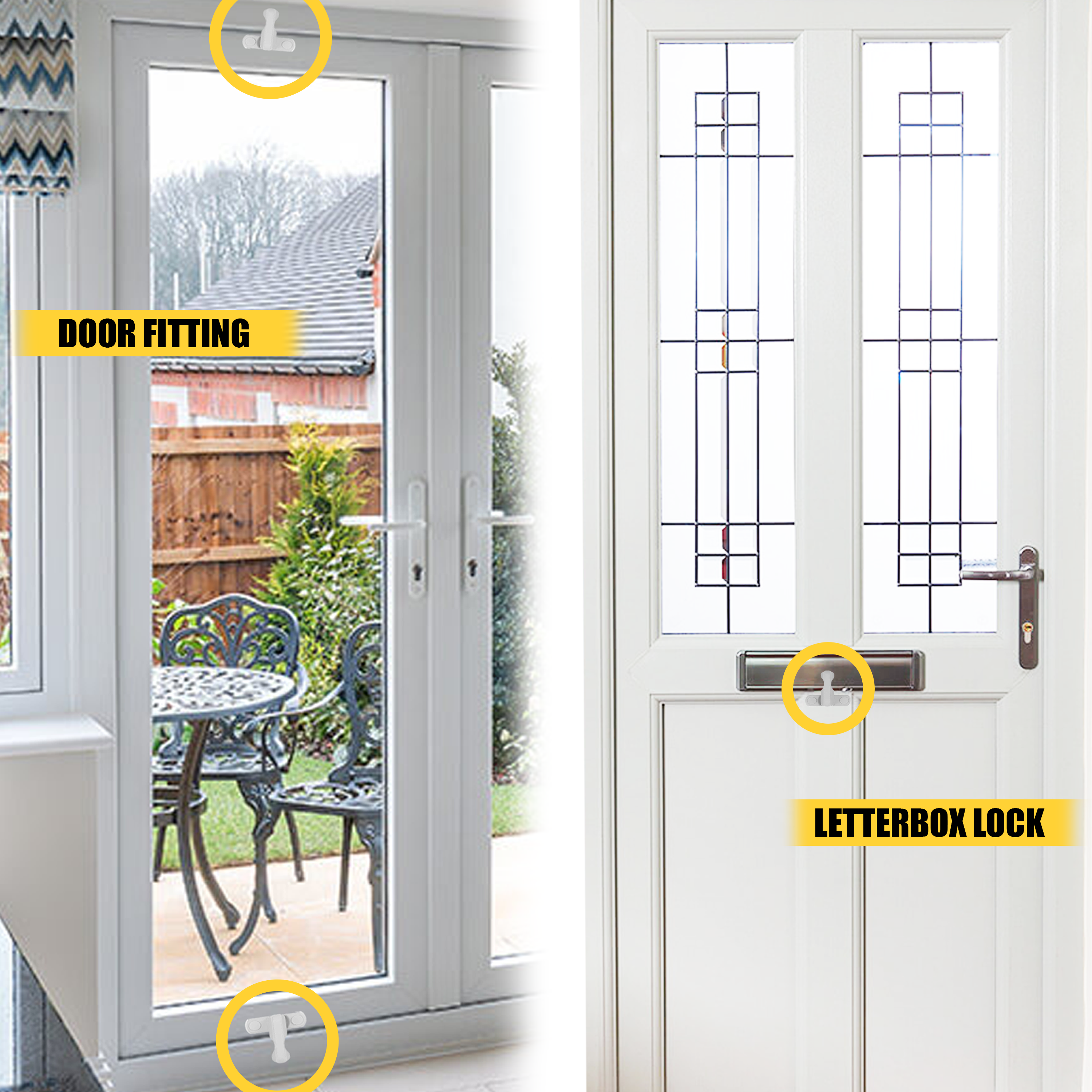 Examples of Home Secure sash jammers on doors. Left side shows a set of white uPVC patio doors with sash jammer locations highlighted at the top and bottom, labeled 'Door Fitting'. Right side shows a front door with decorative glass panels, highlighting the letterbox and sash jammer installation area, labeled 'Letterbox Lock'. Yellow circles indicate fitting points