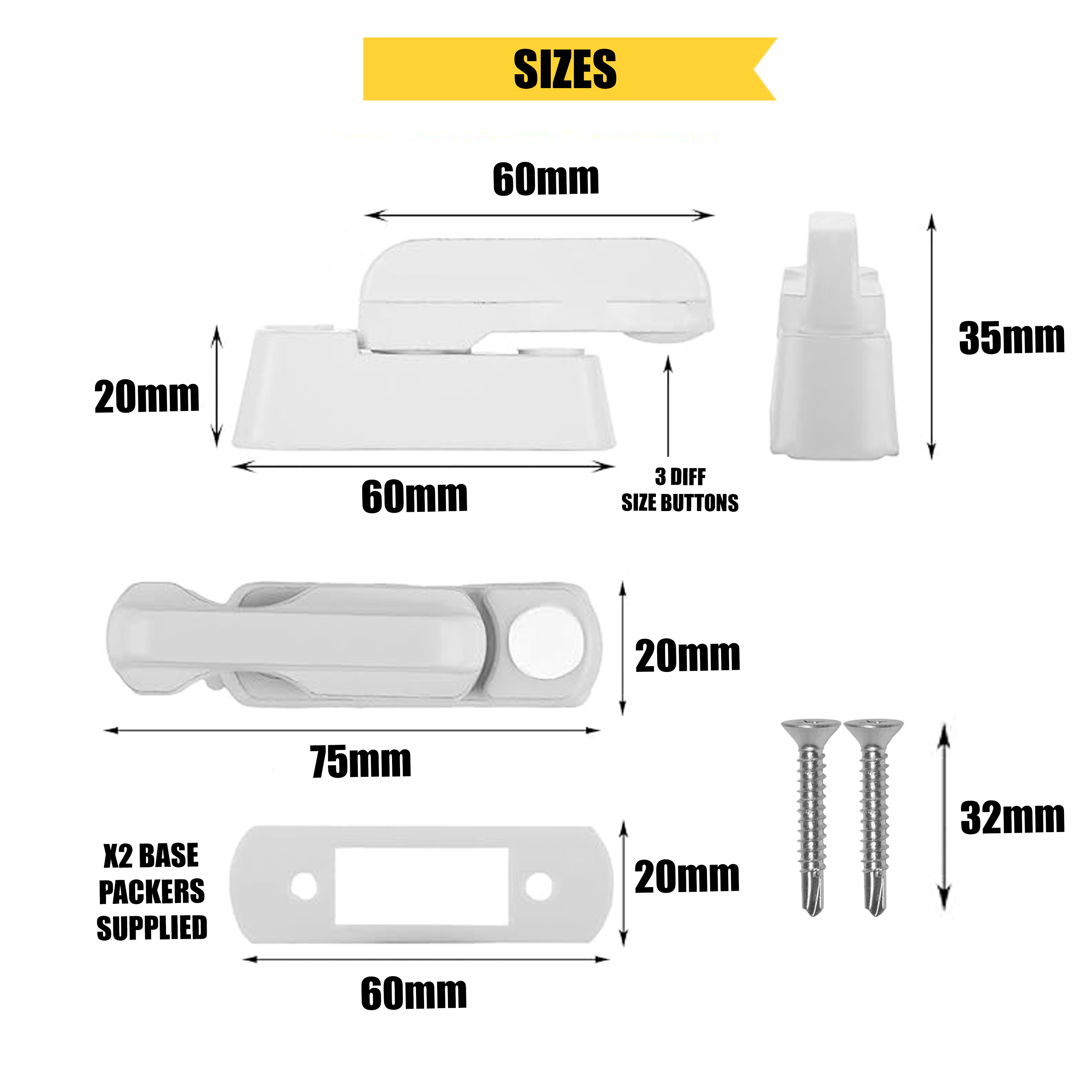 Size chart and components for Home Secure sash jammer