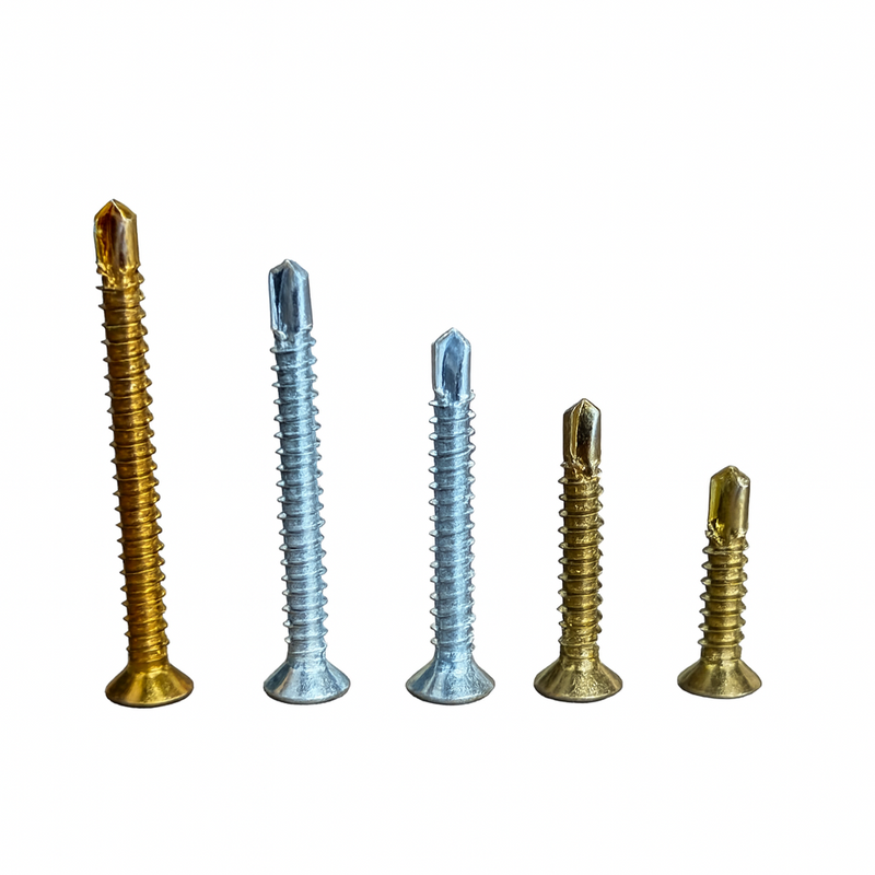 Set of screws with different sizes and finishes on a white background