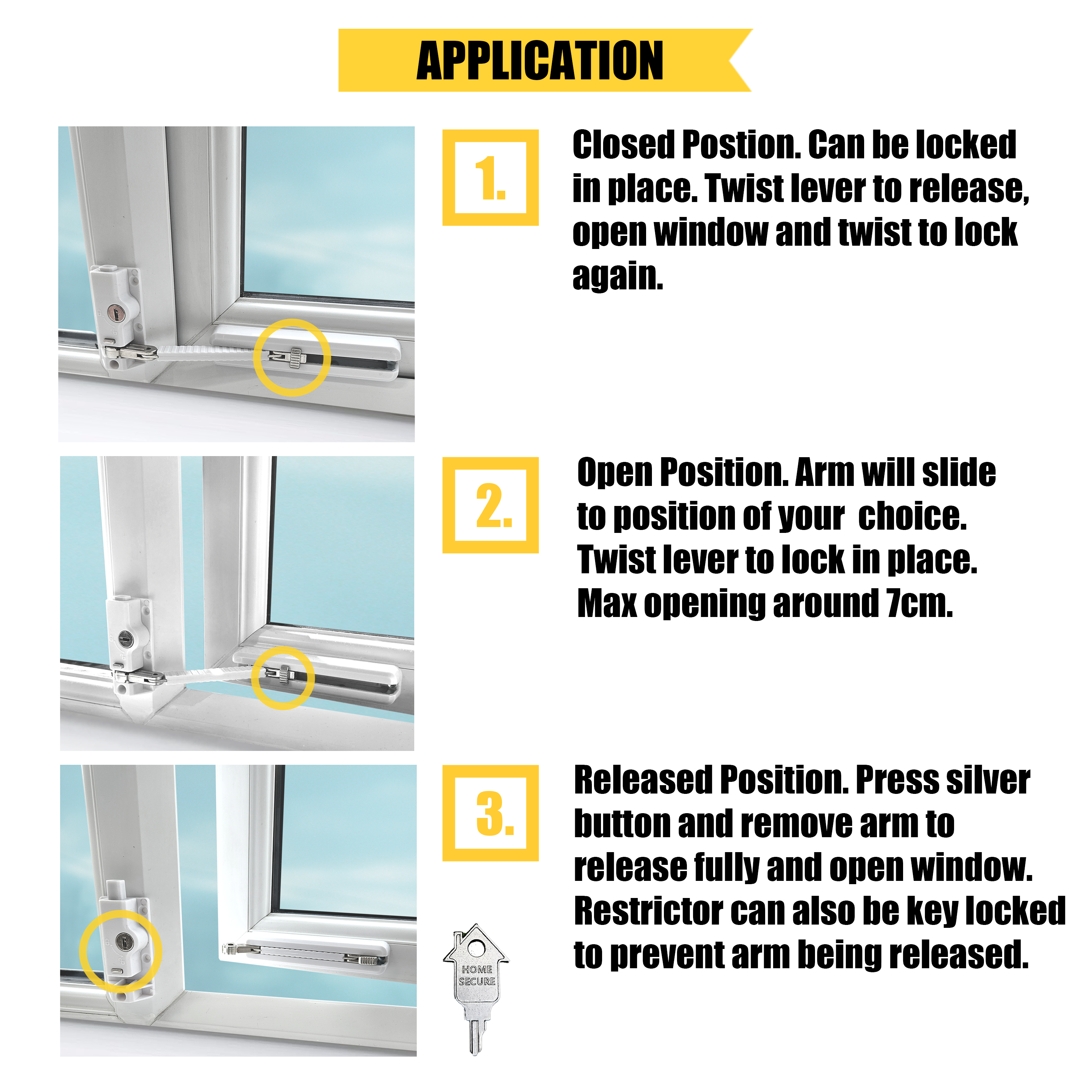 Instructional guide showing three positions of a sliding window restrictor lock for uPVC window: closed, open with limited gap, and fully released. Includes step-by-step usage text and images with yellow highlights, branded as Home Secure