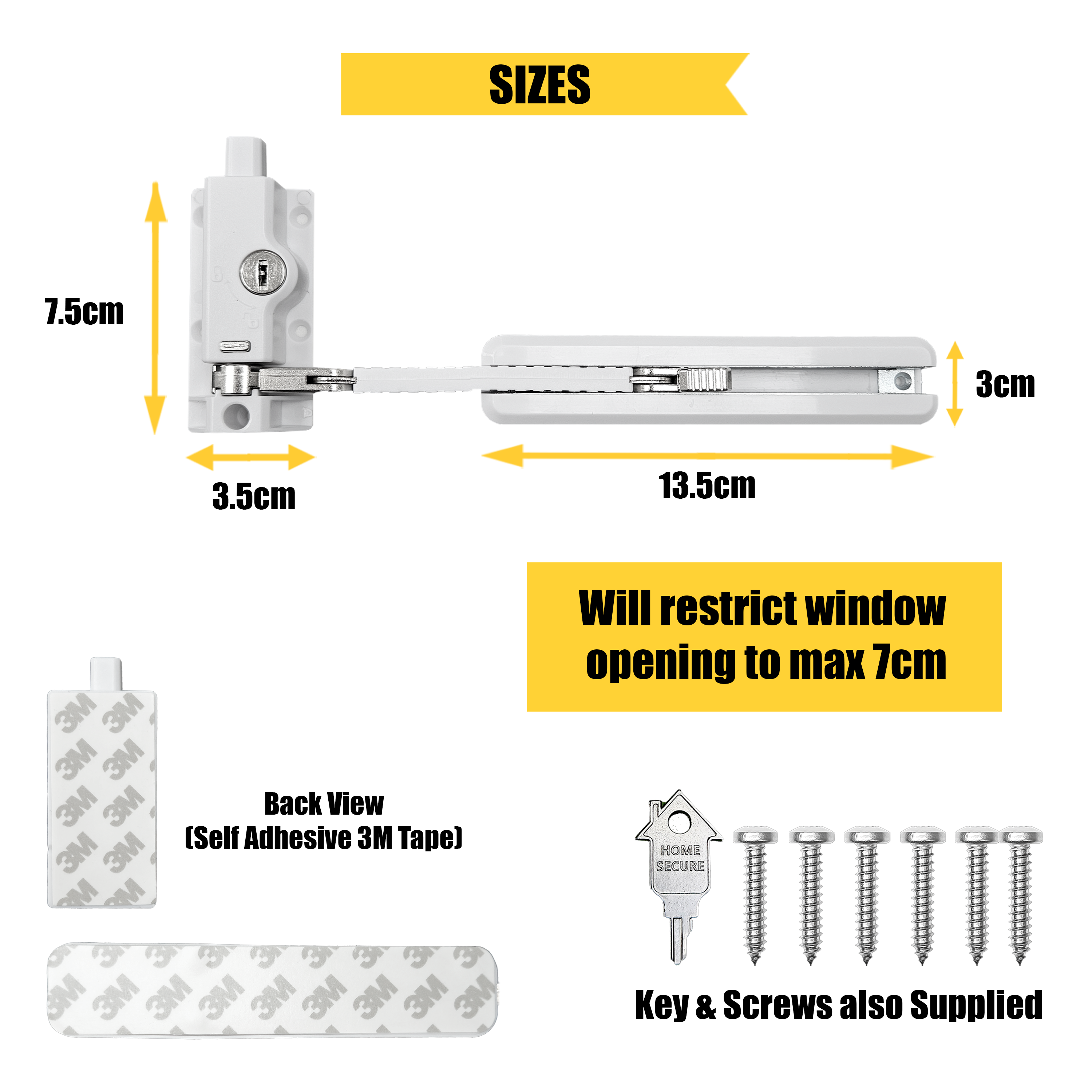 Technical diagram of a sliding window restrictor lock for uPVC window with size measurements labeled