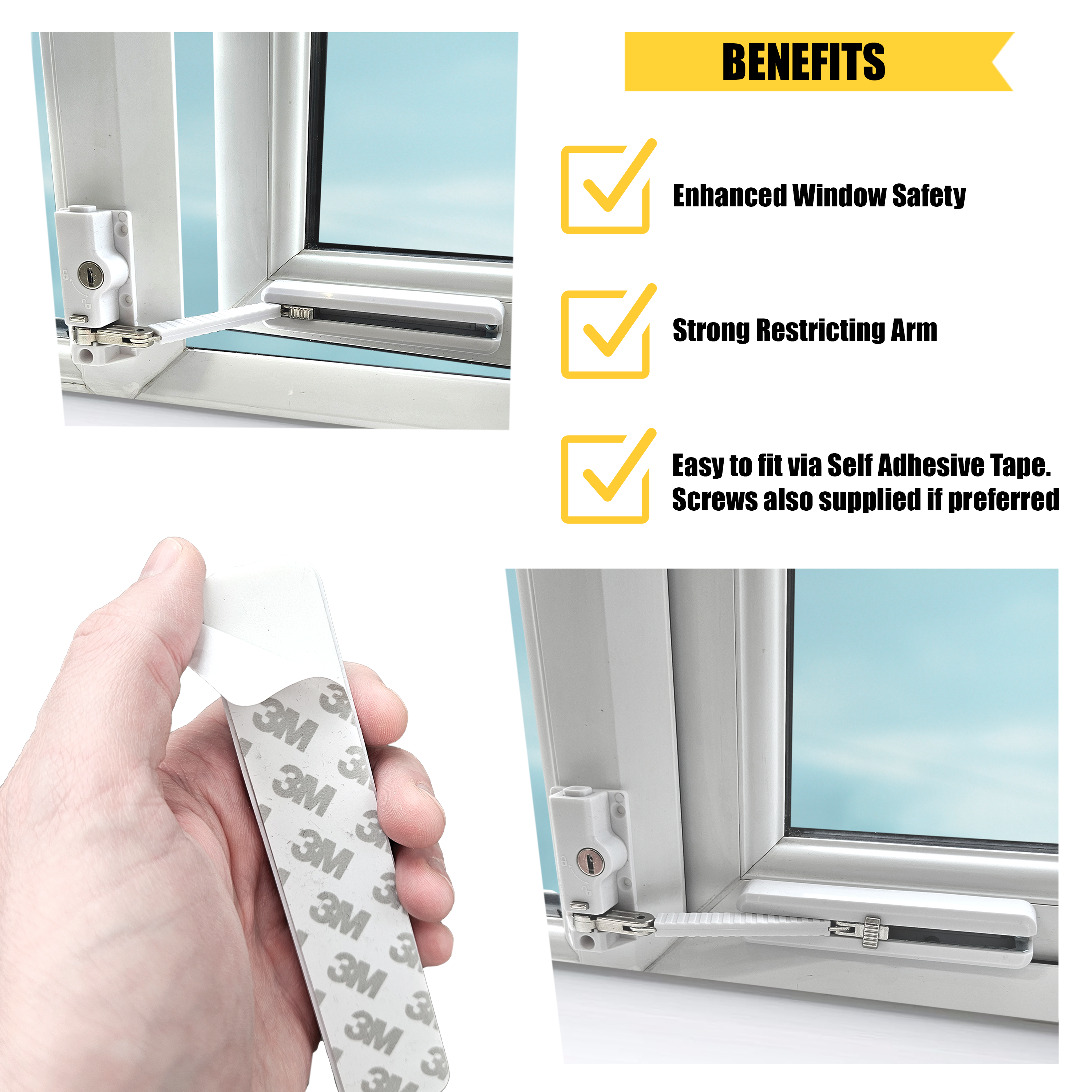 Sliding window restrictor lock shown installed on UPVC window, with text highlighting key benefits: enhanced window safety, strong restricting arm, and easy installation using self-adhesive 3M tape or screws