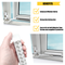 Sliding window restrictor lock shown installed on UPVC window, with text highlighting key benefits: enhanced window safety, strong restricting arm, and easy installation using self-adhesive 3M tape or screws