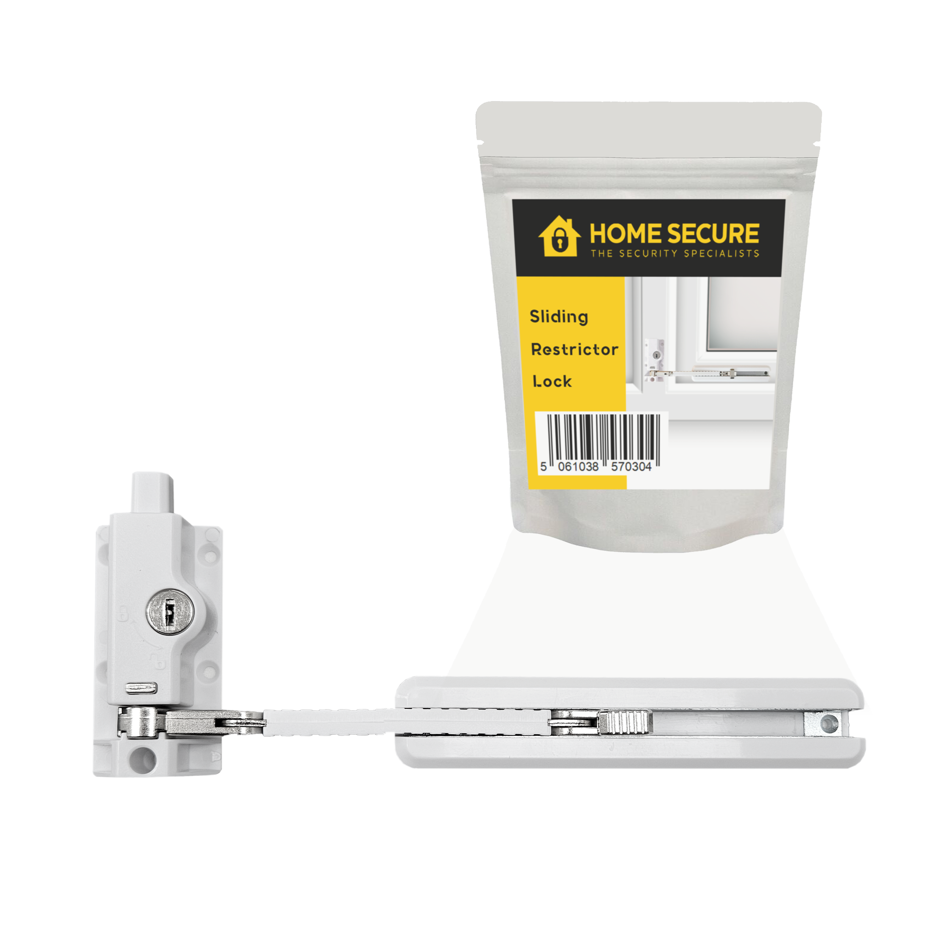 Home Secure Sliding Window Restrictor Lock for uPVC window in white color, packaged in a plastic bag with a yellow label, product image displayed below.