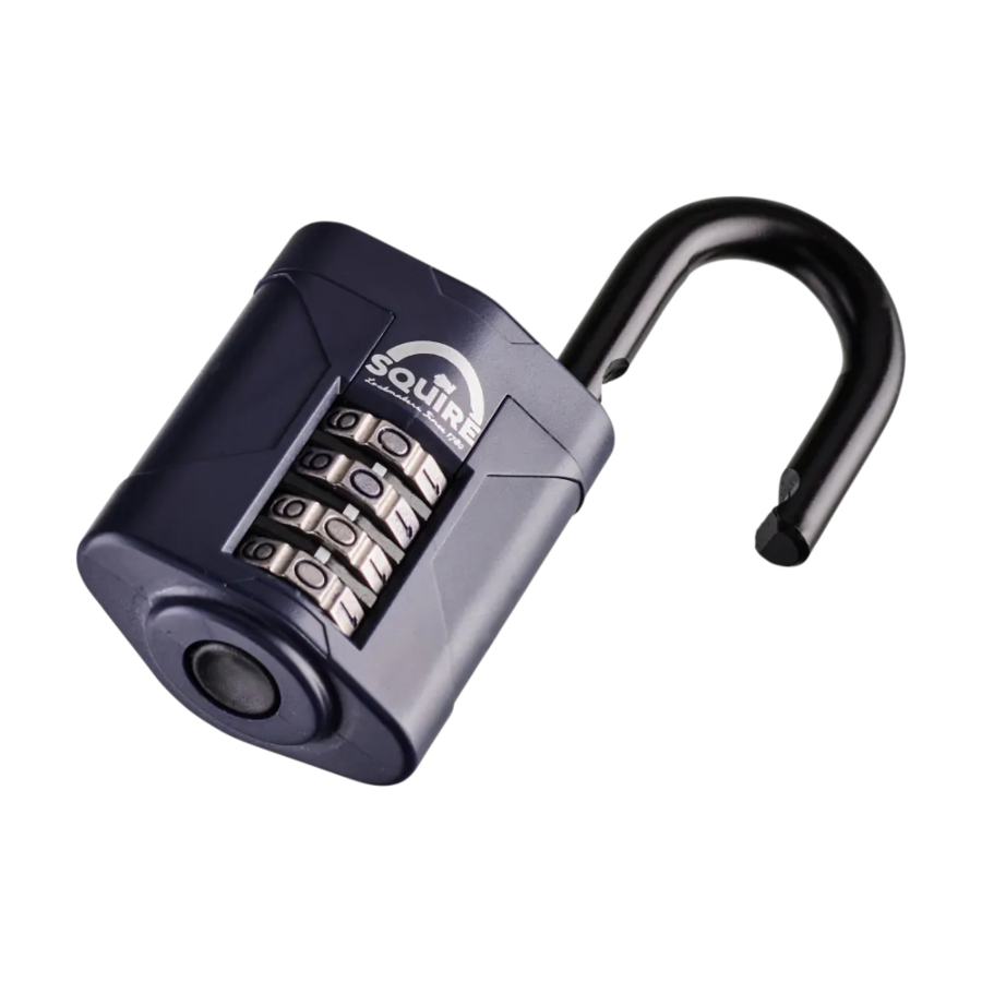 Squire CP50 50mm recodable combination padlock shown with open shackle for code setting and access.