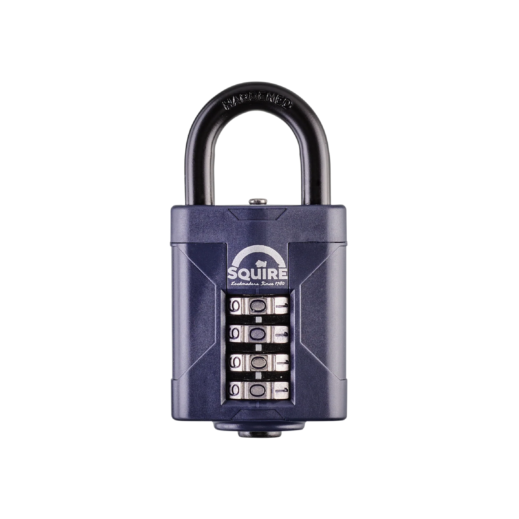 Squire CP50 50mm combination padlock front view with 4-wheel resettable code mechanism and hardened steel shackle