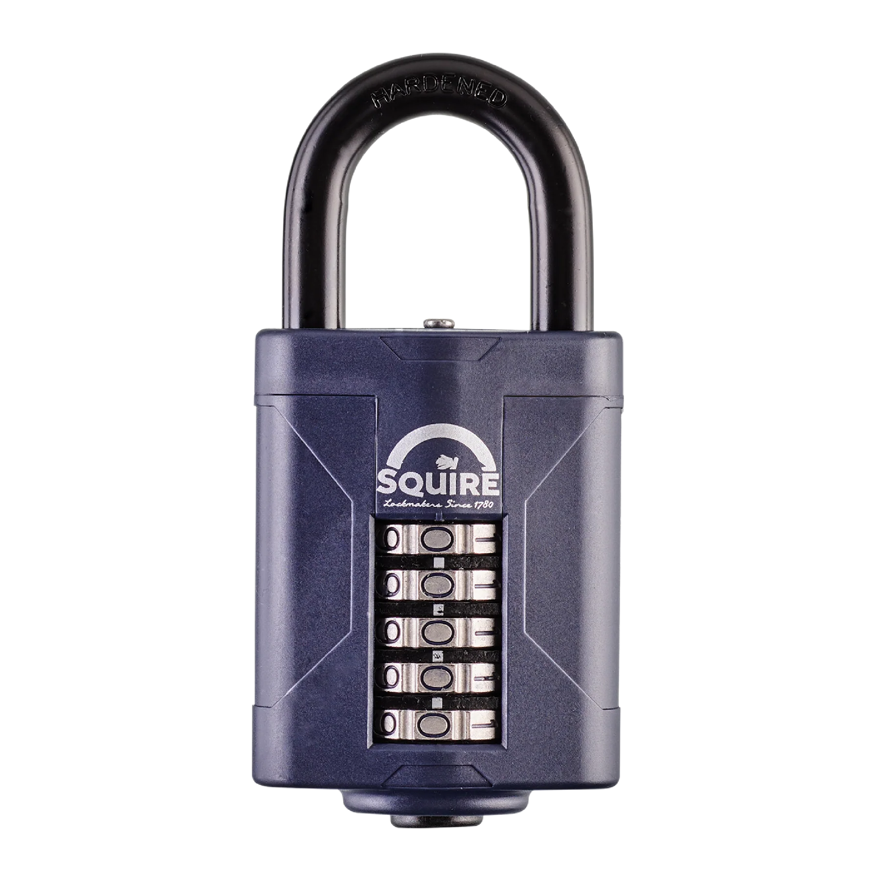 Front view of Squire CP60 High Security Combination Padlock 60mm featuring a resettable 4-wheel combination and hardened steel shackle.
