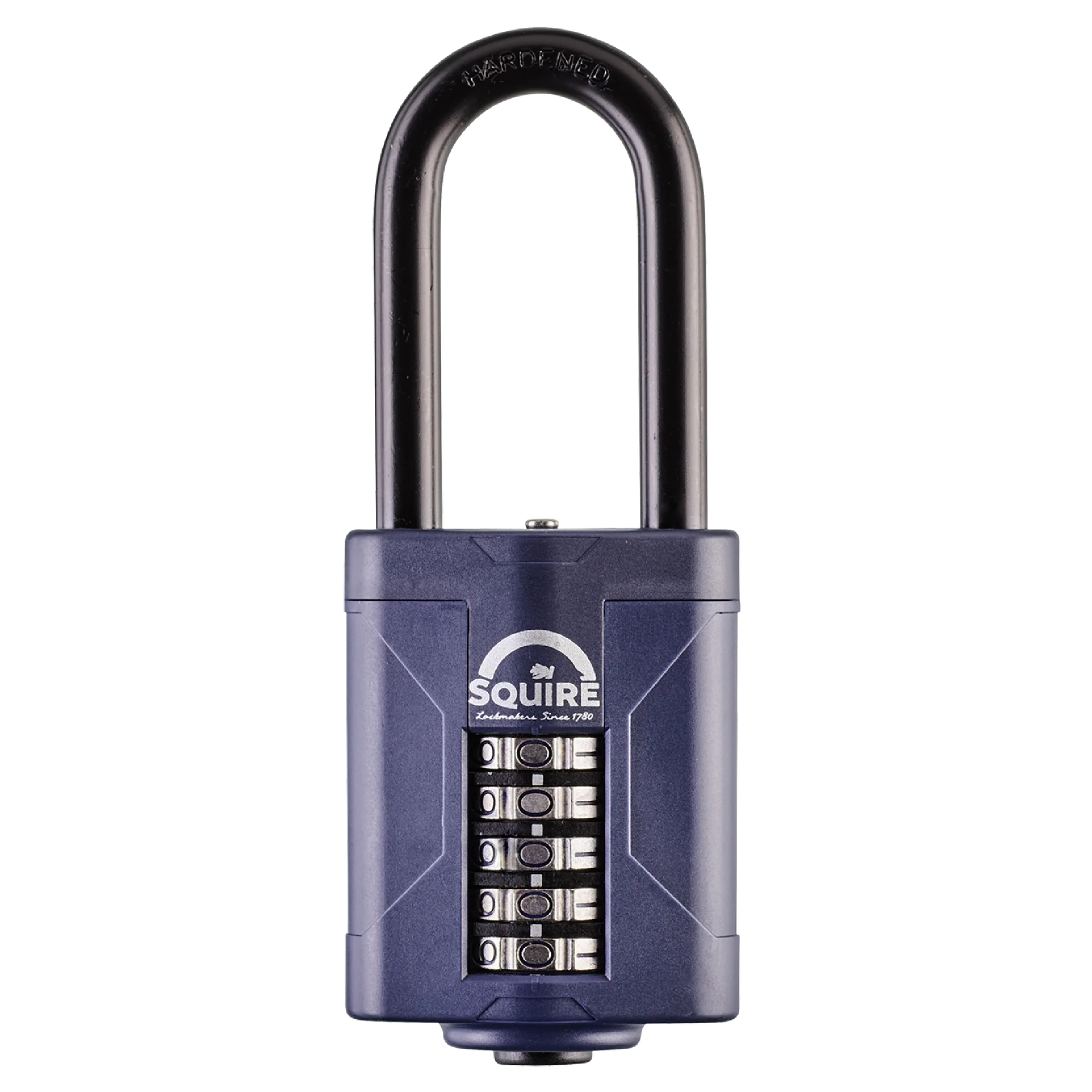 Front view of Squire CP60 High Security Recodable Combination Long Shackle Padlock 60mm featuring a resettable 4-wheel combination lock and extended hardened steel shackle.