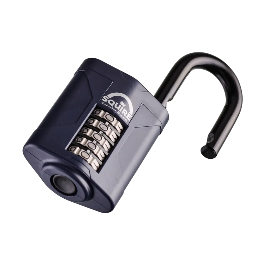 Angled view of the Squire CP60 60mm recodable combination padlock showing the open shackle and durable construction.