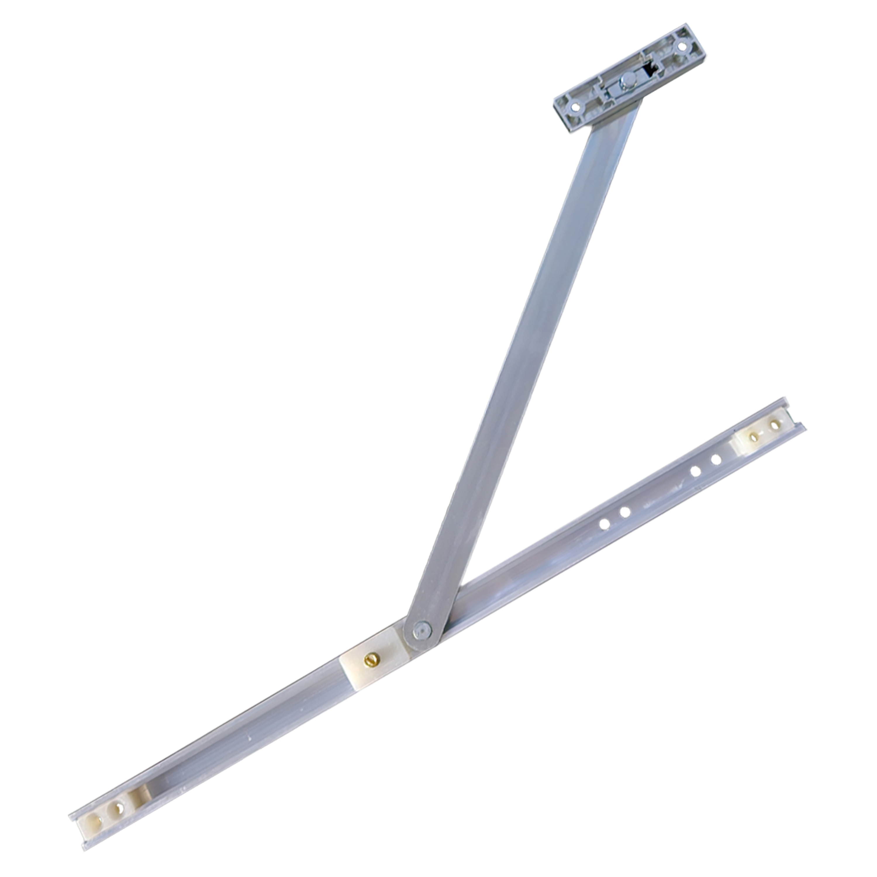 A silver-colored metal door restrictor stay designed for uPVC, French, or patio doors.