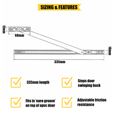 Technical diagram and features of a door restrictor arm. The main arm is 335mm long, with additional measurements showing a 68mm mounting section and 16mm depth. The top mounting bracket is 17mm high for uPVC French/Patio Door