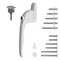 Home Secure Universal uPVC Window Handle Multi-Spindle in white color, including the handle and installation screws, against a white background.