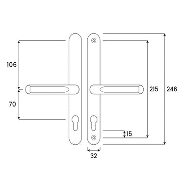 Lever lever uPVC door handle 215mm fixing centres measurement diagram