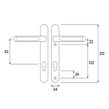 Silver uPVC door handle 122mm fixing centres measurement diagram