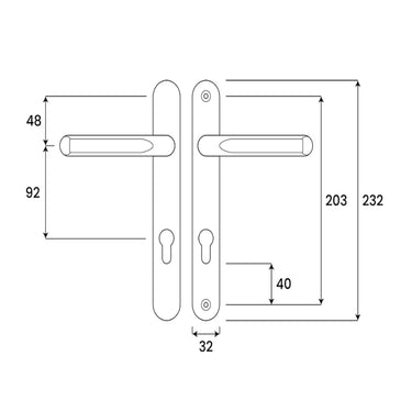 Lever lever uPVC door handle 203mm fixing centres measurement diagram