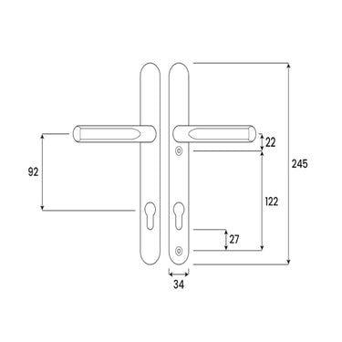 Lever lever uPVC door handle 122mm fixing centres measurement diagram