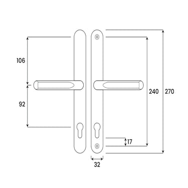 Lever lever uPVC door handle 240mm fixing centres measurement diagram