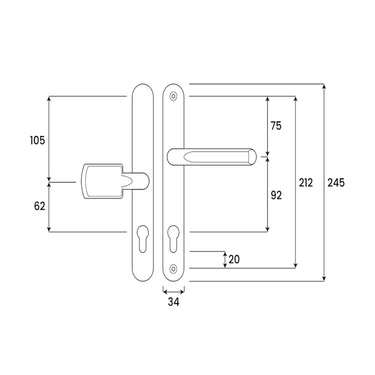 Lever pad uPVC door handle 212mm fixing centres measurement diagram