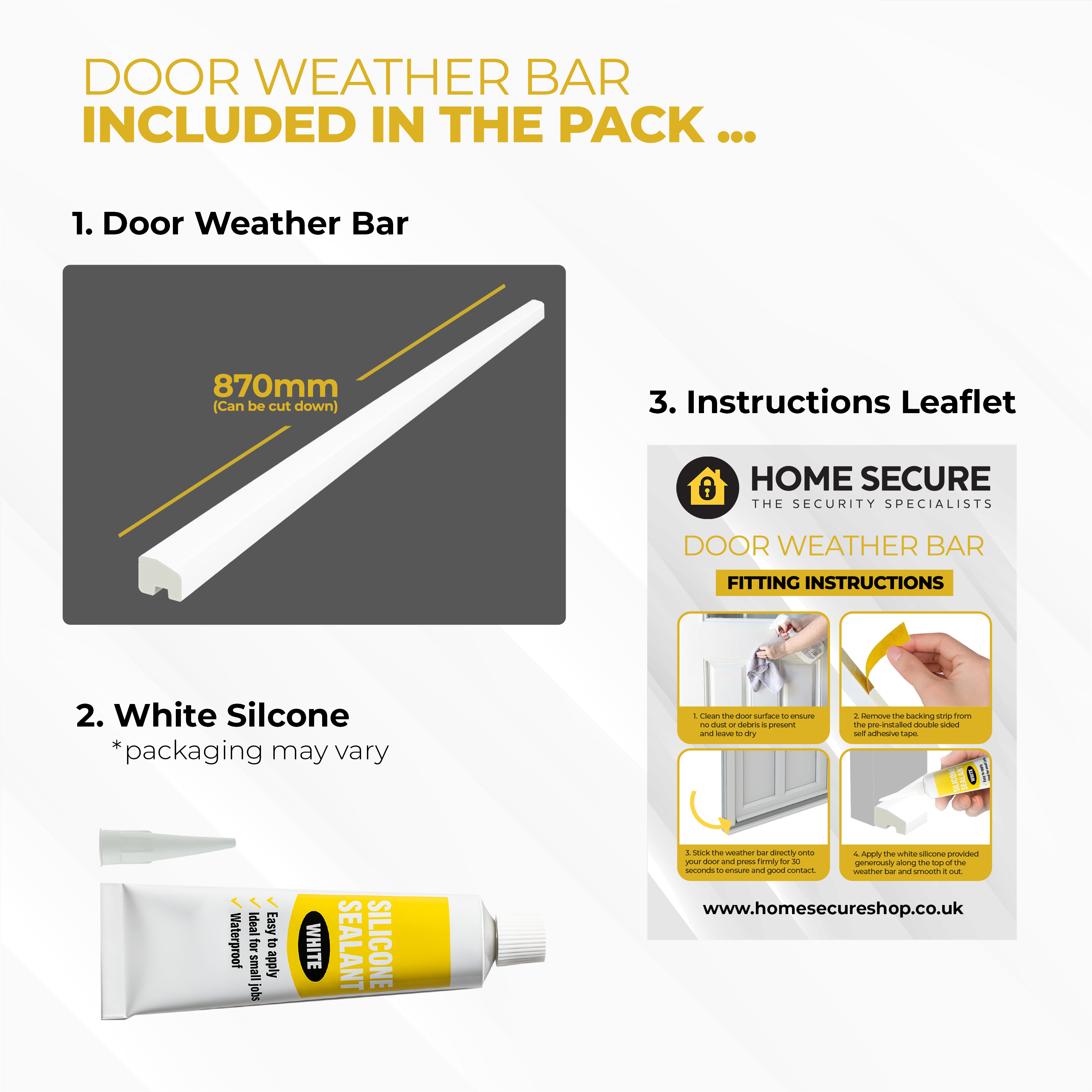 Door weather bar kit with silicone and instructions on a white background