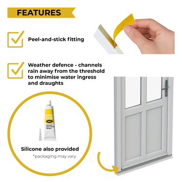 Window weather stripping with features listed and a hand applying it.