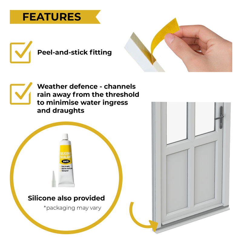 Window weather stripping with features listed and a hand applying it.