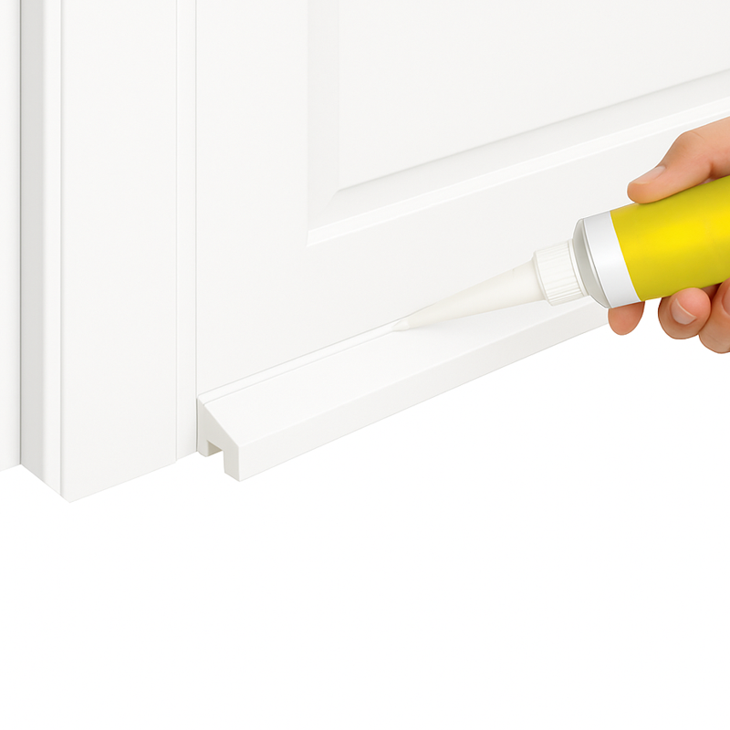 Hand holding a yellow and white silicone sealant applying against a weather bar to secure against a white door