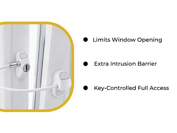 Window cable restrictor showing secure locking and restricted opening