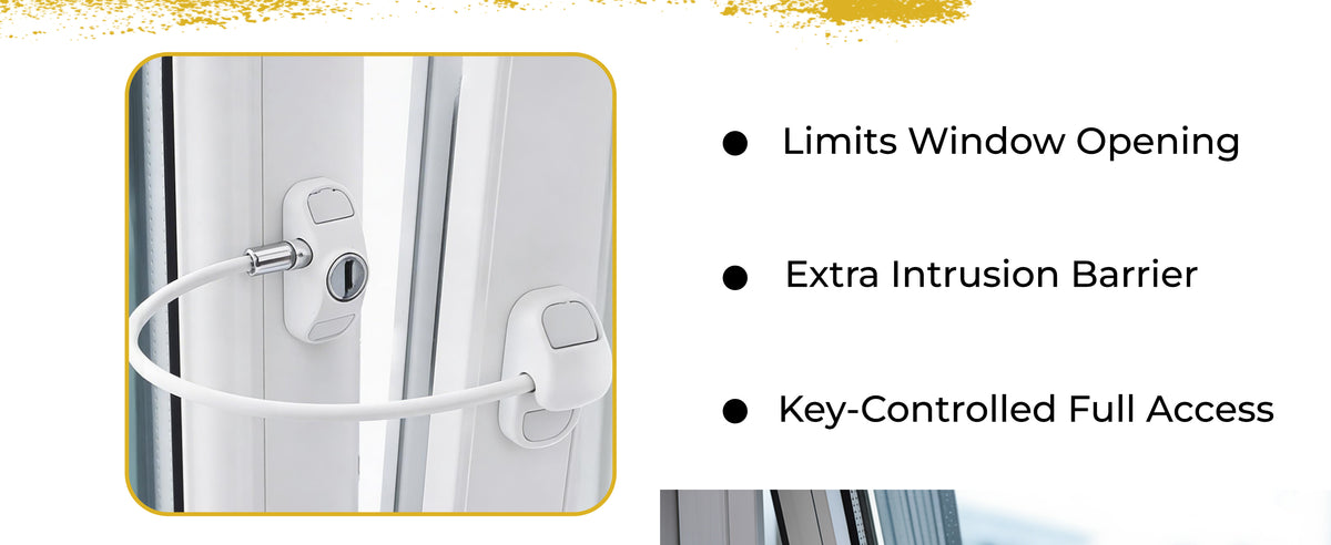 Window cable restrictor showing secure installation on window frame