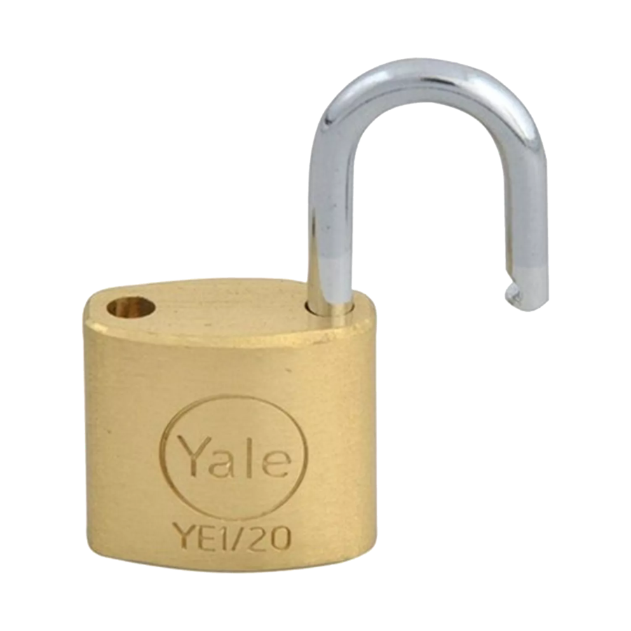 Yale 20mm brass padlock shown unlocked with open steel shackle for lockers, luggage and small storage applications.