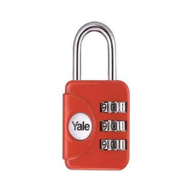 Yale red 3-digit combination padlock with resettable code and keyless security for lockers, luggage and storage units.