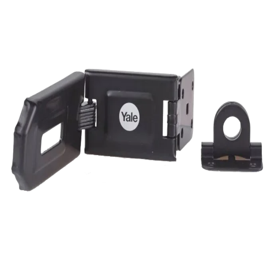 Yale 51mm padlock and hasp security set shown in the unlocked position for installation and access.