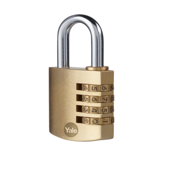 Front view of the Yale 40mm brass combination padlock with resettable combination mechanism.