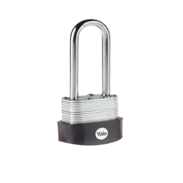 Angled view of the Yale 40mm laminated steel long shackle padlock designed for gates, chains and security fittings.