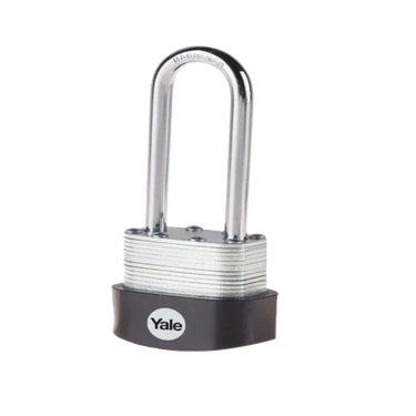 Yale 40mm laminated steel long shackle padlock with extended shackle for gates, chains and hard-to-reach fittings.