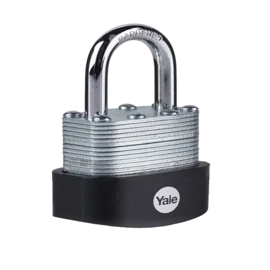 Angled view of the Yale 50mm laminated steel open shackle padlock for sheds, gates and storage security.