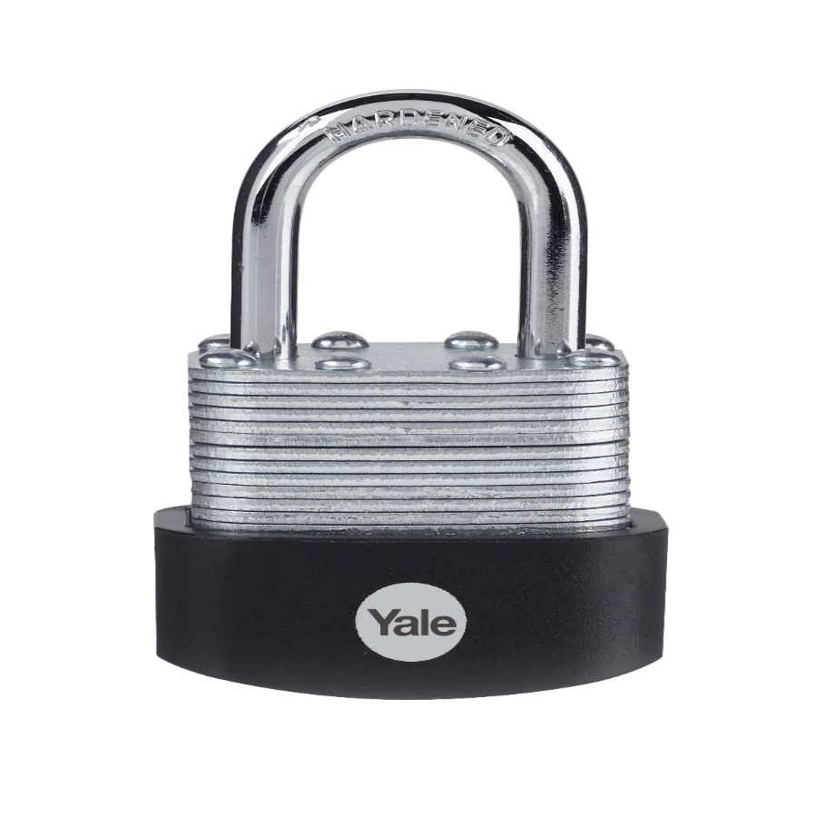 Angled view of the Yale 40mm laminated steel padlock designed for sheds, gates and storage security.