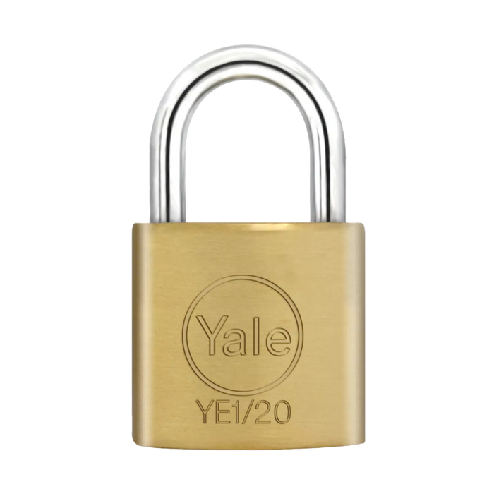 Yale 20mm open shackle brass padlock with solid brass body and hardened steel shackle.