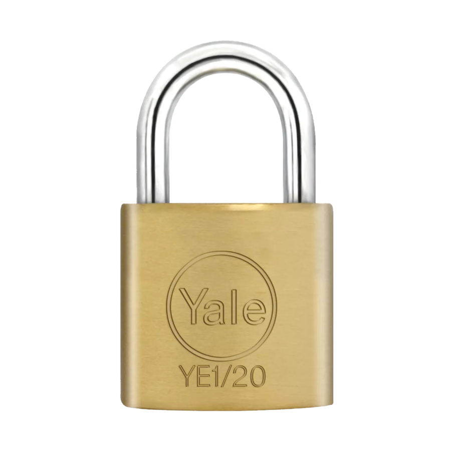 Yale 20mm open shackle brass padlock with solid brass body and hardened steel shackle.